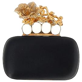 Alexander Mcqueen-Alexander McQueen Floral Knuckle Clutch in Black Satin -Black
