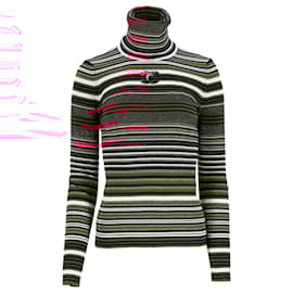 Chanel- Chanel CC-Embellished Striped Turtleneck Sweater in Red Wool-Red