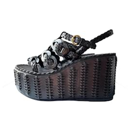 Prada-Prada Plateau Sandals Wedges Heel Black Size 37.5-Black