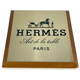 Hermès Hermes Vintage Art de la Table Wood Shelf Talker Square Plate Golden