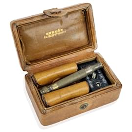 Hermès-Hermes Vintage Travel Razor Shaving Set Brown Leather Case-Beige