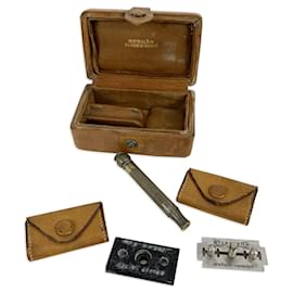 Hermès-Hermes Vintage Travel Razor Shaving Set Brown Leather Case-Beige