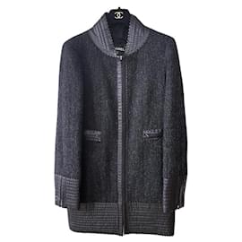 Chanel-Leather Detail Black Tweed Jacket-Other