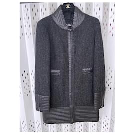 Chanel-Leather Detail Black Tweed Jacket-Other