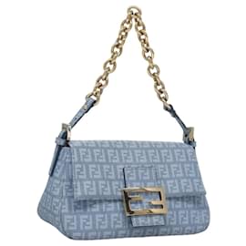 Fendi-FENDI Zucchino Canvas Mini Mamma Baguette Bag PVC Baby Blue Gold Auth BD235-Golden,Light blue