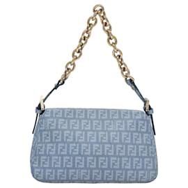 Fendi-FENDI Zucchino Canvas Mini Mamma Baguette Bag PVC Baby Blue Gold Auth BD235-Golden,Light blue