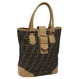Fendi-FENDI Zucca Canvas Tote Bag Brown Black gold Auth fm4358-Brown,Black,Golden