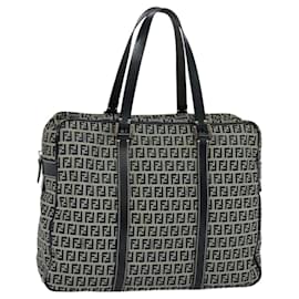 Fendi-FENDI Zucchino Canvas Hand Bag Navy Silver Auth 114726-Silvery,Navy blue