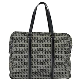Fendi-FENDI Zucchino Canvas Hand Bag Navy Silver Auth 114726-Silvery,Navy blue