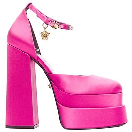 Versace pink satin crystal Medusa platforms Pink