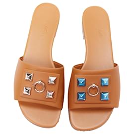 Hermès-Hermes Dune tan leather palladium Collier de Chien flat sandal-Brown