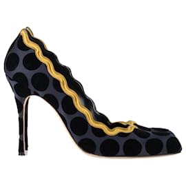Manolo Blahnik-Escarpins à pois à bord festonné Manolo Blahnik en satin bleu marine-Bleu,Bleu Marine