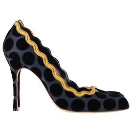 Manolo Blahnik Polka Dot Scalloped Pumps in Navy Blue Satin Blue Navy blue