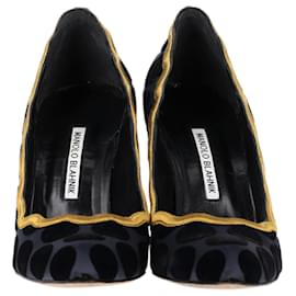 Manolo Blahnik-Escarpins à pois à bord festonné Manolo Blahnik en satin bleu marine-Bleu,Bleu Marine
