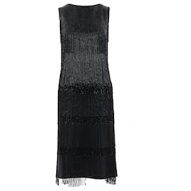Michael Kors-Michael Kors black bead fringe crew knee flapper dress-Black
