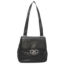 Borsa a spalla Gancini in pelle nera e argento autentica Salvatore Ferragamo 114751 Nero Argento