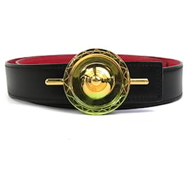 Hermès-Hermes Leather and Metal Belt-Black,Red,Golden