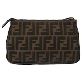 Fendi-FENDI Zucca Canvas Pouch Brown Black Auth 114794-Brown,Black