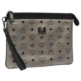 MCM Vicetos Logogram Bolsa Clutch em PVC Couro Prata Auth am7725 Prata