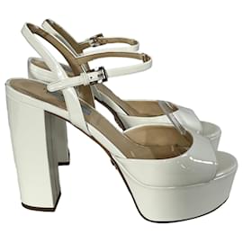 Prada-Prada Platform Block Heel Sandals in White Patent Leather-White
