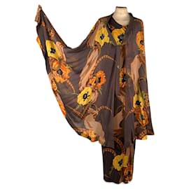 Autre Marque-Floral Silk Jersey Maxi Evening Dress with Overskirt-Grey