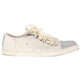 Lanvin- Lanvin Snakeskin-Effect Cap Toe Sneakers in White Leather-White,Cream