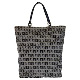 Fendi-Fendi Zucchino Canvas Leather Tote Shoulder Bag-Brown,Silvery,Navy blue