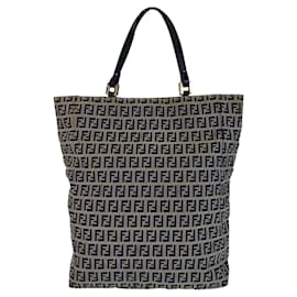 Fendi-Fendi Zucchino Canvas Leather Tote Shoulder Bag-Brown,Silvery,Navy blue