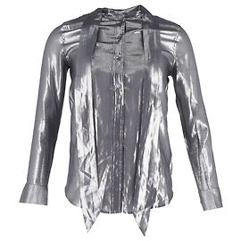 Equipment Button-Down Tie-Neck Blouse in Metallic Silver Silk Silvery Metallic