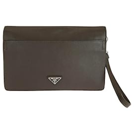 Prada-Prada Saffiano Leather Clutch-Brown
