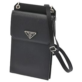 Prada Saffiano Leather Smartphone Case Shoulder Pouch Black