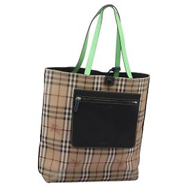 BURBERRY Nova Check Tote Bag PVC Leather Beige Green Silver Auth BD130 Silvery Beige Green