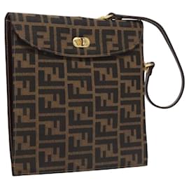 Fendi-FENDI Zucca Canvas Hand Bag Brown Black gold Auth BA394-Brown,Black,Golden