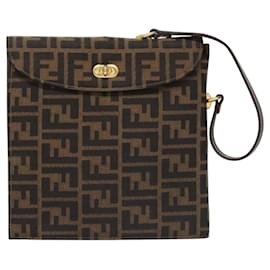 Fendi-FENDI Zucca Canvas Hand Bag Brown Black gold Auth BA394-Brown,Black,Golden