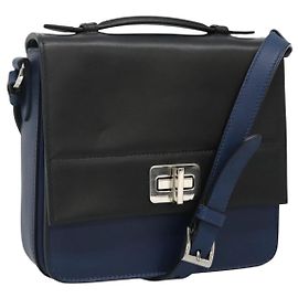 Bolsa de ombro PRADA em couro preto e azul Auth am7706 Preto Azul