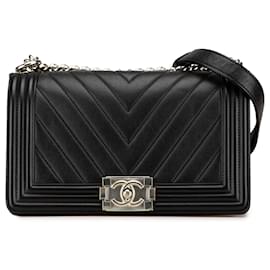 Chanel-Chanel Black Medium Calfskin Chevron Boy Flap-Black