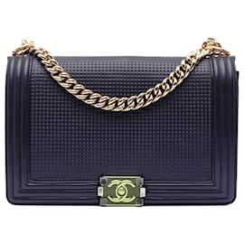 Chanel-Chanel Blue Medium Lambskin Embossed Cube Boy Flap-Blue,Navy blue