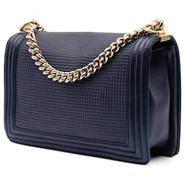 Chanel-Chanel Blue Medium Lambskin Embossed Cube Boy Flap-Blue,Navy blue