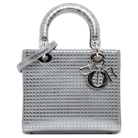 Dior-Dior Silver Medium Metallic Patent Microcannage Lady Dior-Silvery