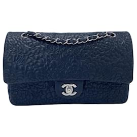 Chanel-Chanel Black Camellia Embossed Lambskin Classic Timeless Medium Double Flap Bag SHW-Black,Silver hardware