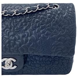 Chanel-Chanel Black Camellia Embossed Lambskin Classic Timeless Medium Double Flap Bag SHW-Black,Silver hardware