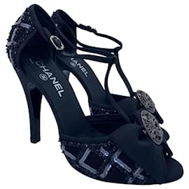 Chanel-Chanel 09P Runway Black Sequin Bow CC Brooch Strap Heels Sandals EU 40-Black,Silvery