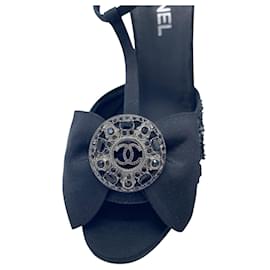 Chanel-Chanel 09P Runway Black Sequin Bow CC Brooch Strap Heels Sandals EU 40-Black,Silvery