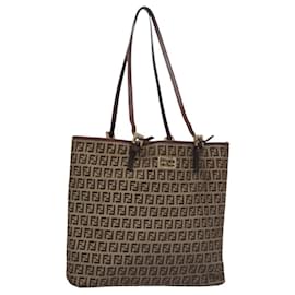 Fendi-FENDI Zucchino Canvas Tote Bag Brown gold Auth BD381-Brown,Golden
