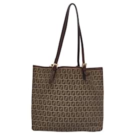 Fendi-FENDI Zucchino Canvas Tote Bag Brown gold Auth BD381-Brown,Golden