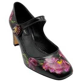Dolce & Gabbana-Dolce & Gabbana Floral Print Mary Jane Pumps with Embellished Buckle-Black