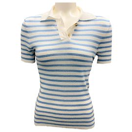Polo en lin tricoté à manches courtes rayé blanc / bleu Christian Dior Bleu