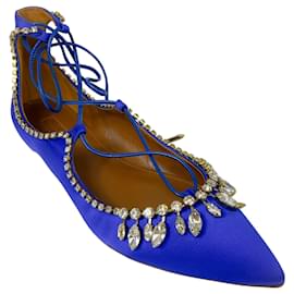 Aquazzura-Aquazzura Royal Blue Crystal Embellished Satin Christy Jewel Flat-Blue