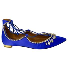 Aquazzura-Aquazzura Royal Blue Crystal Embellished Satin Christy Jewel Flat-Blue