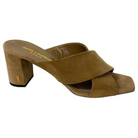 Saint Laurent-Saint Laurent Taupe Loulou 70 Suede Mule Sandals-Beige